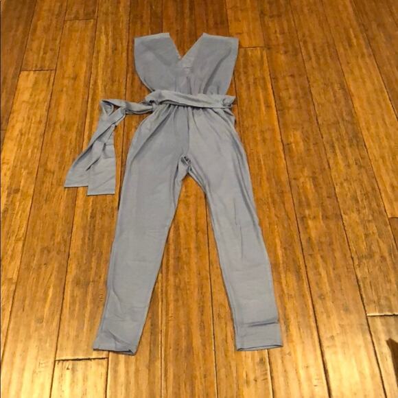 Sleeveless Blue Jumpsuit Tie Waist - Picture 5 of 6